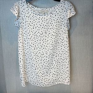 Loft Blouse White Black Spots Size Small Ruffle Cap Sleeve